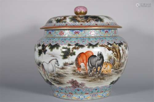 ENAMEL EIGHT HORSE PATTERN LID JAR