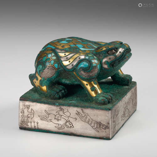 Chinese Gilt And Silver Inlaid Turquoise Seal