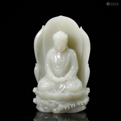 Chinese White Jade Carved Seated Shakyamuni