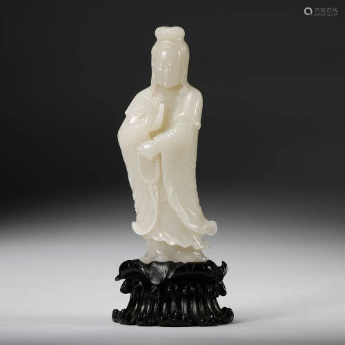 Chinese White Jade Carved Guanyin On Stand