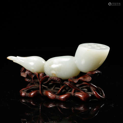 Chinese White Jade Carved Lotus Root W Stand