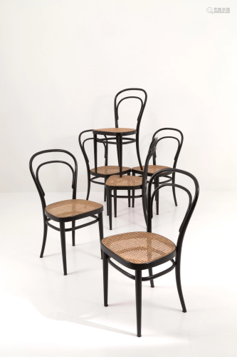 Six straw and wooden chairs. THONET. Early 20th c