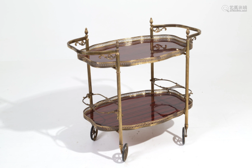 Brass cart with wooden trays. Early 20th century