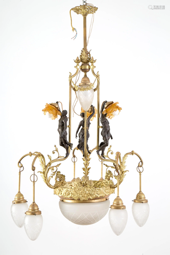 Chandelier in bronze and golden brass. Liberty