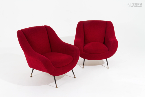 GIGI RADICE. Two red wool armchairs. 1950s