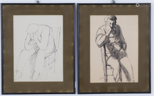 Two Indian ink drawings on paper. Early 20th c