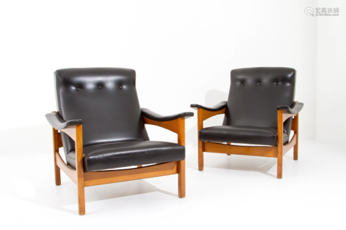 Two wooden armchairs. SIEGE STEINER. 1950s