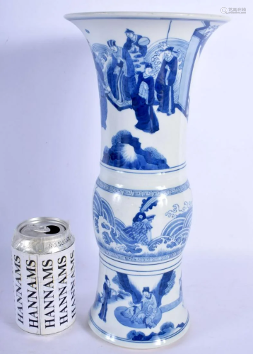 A CHINESE BLUE AND WHITE PORCELAIN GU SHAPED BEAKER