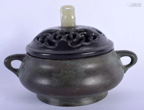 A CHINESE TWIN HANDLED BRONZE CENSER AND COVER 20th