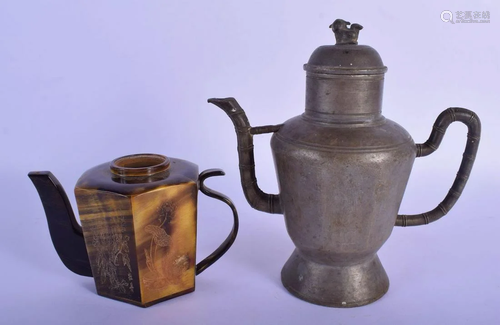 AN EARLY 20TH CENTURY CHINESE PEWTER TEAPOT AND CO…