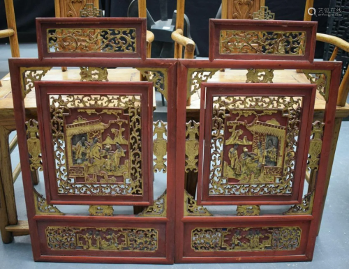 A PAIR OF C19TH CHINESE RED TEMPLE PANELS DECORATED