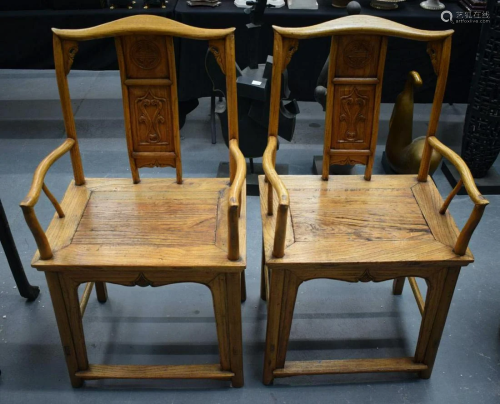 A PAIR OF EARLY C20TH CHINESE ELM OFFICIAL'S CHAIRS