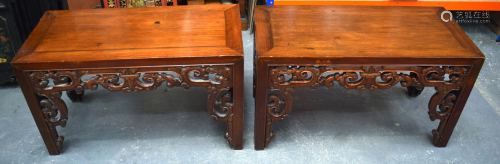 A PAIR OF C19TH CHINESE HARDWOOD LOW TABLES DECORA…