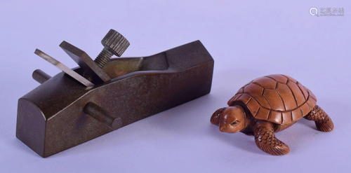 A JAPANESE BRONZE PLANE OKIMONO together with a boxwood