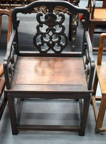 A C19TH CHINESE HARDWOOD CHAIR WITH BAT BAC…