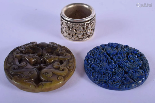 A CHINESE LAPIS LAZULI ROUNDEL together with another &