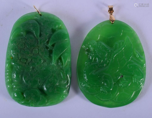 TWO CHINESE SPINACH JADE PENDANTS 20th Century. 6 cm x