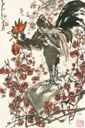 1912～2001 陈大羽 红梅公鸡  镜心  设色纸本