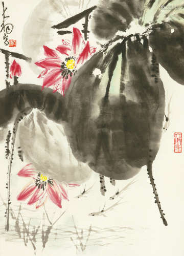 1912～2001 陈大羽 荷塘鱼戏图  镜心  设色纸本