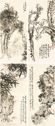 1916～2008 圆霖法师 松梅菊竹  四屏 镜心  水墨纸本