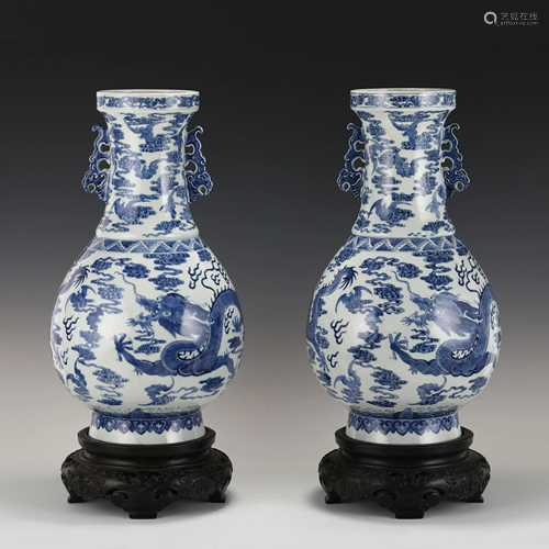 PAIR LARGE KANGXI BLUE & WHITE VASES ON STAND