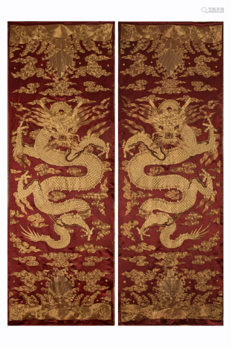 PAIR CHINESE EMBROIDERY GOLDEN DRAGON SILK PANELS