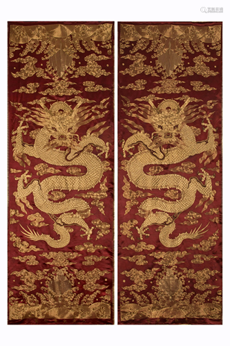 PAIR CHINESE EMBROIDERY GOLDEN DRAGON SILK PANELS