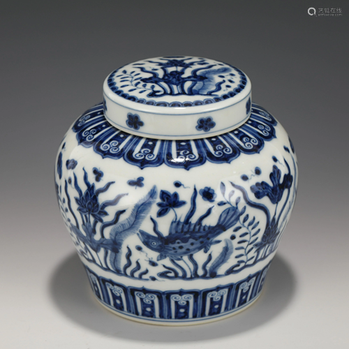 YONGZHENG BLUE & WHITE CARP LIDDED JAR