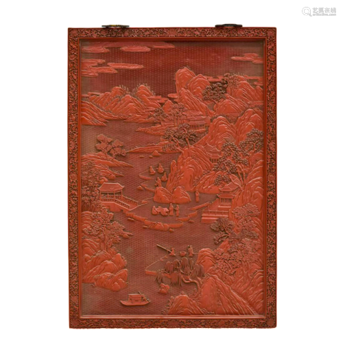 LARGE CHINESE CINNABAR CARVING LANDSCAPE WALL PAINTI…