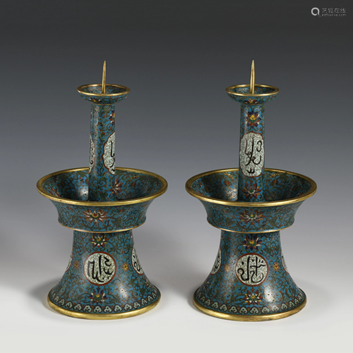 PAIR QIANLONG GILT BRONZE CLOISONNE CANDLE STA…