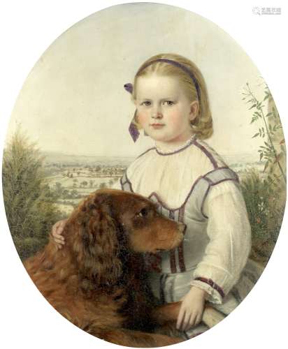 Continental School (19th Century) Girl with her pet dog befo...