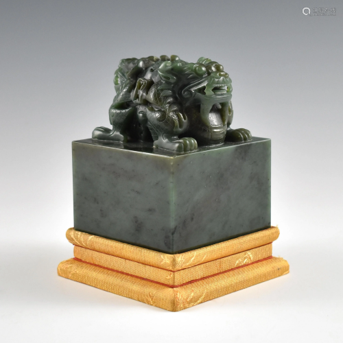 DOUBLE HEADED DRAGON GREEN JADE SEAL ON STAND