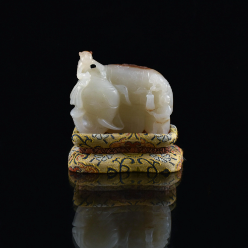 CARVED JADE BOYS AND ELEPHANT ON STAND