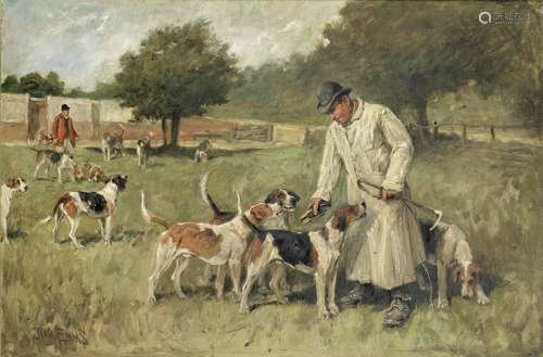 John Emms (British, 1843-1912) Kennelman and hounds