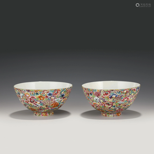 PAIR QIANLONG MILLE FLEURS BOWLS