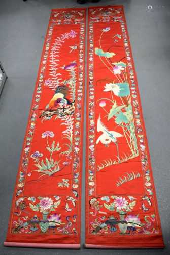 A LOVELY PAIR OF 19TH CENTURY CHINESE RED SILKWORK
