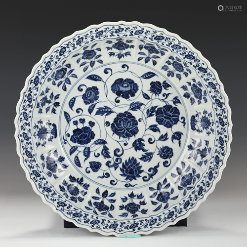 MING BLUE & WHITE FLORAL BARBED RIM CHARGER