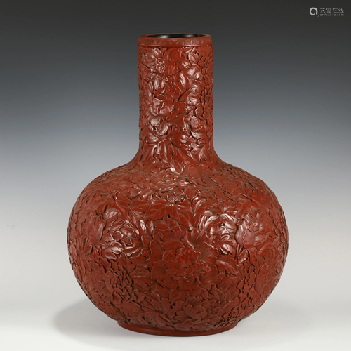 QIANLONG CINNABAR CARVED LARGE CELESTIAL VASE