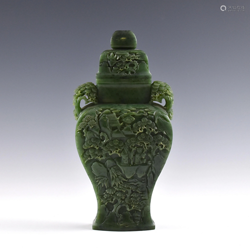 LARGE CHINESE SPINACH GREEN JADE URN ON STAND