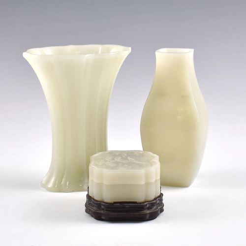 SET OF 3 WHITE JADE CARVED VASES & LIDDED BOX