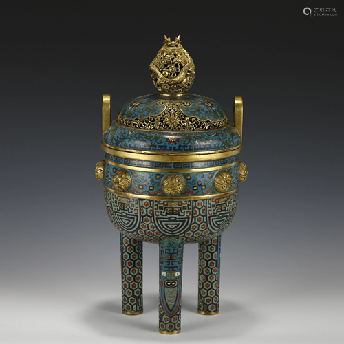 LARGE QIANLONG GILT BRONZE CLOISONNE TRIPOD CENSER