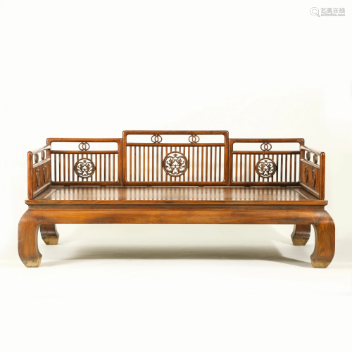 ANTIQUE HUANGHUALI CARVED OPEN GALLERY DAY BED