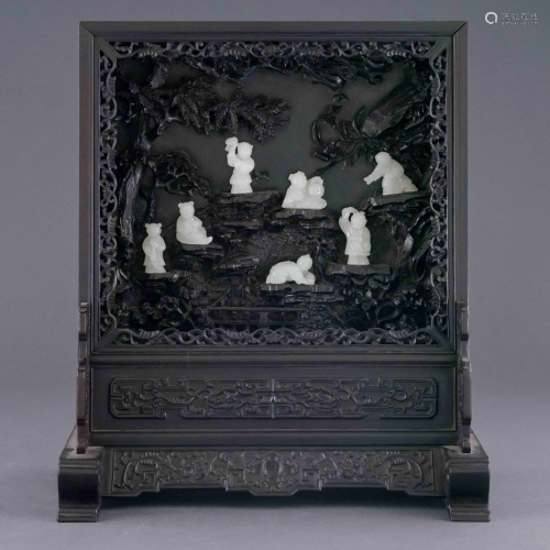 CHINESE ZITAN TABLE SCREEN WITH WHITE JADE FIGURIN…