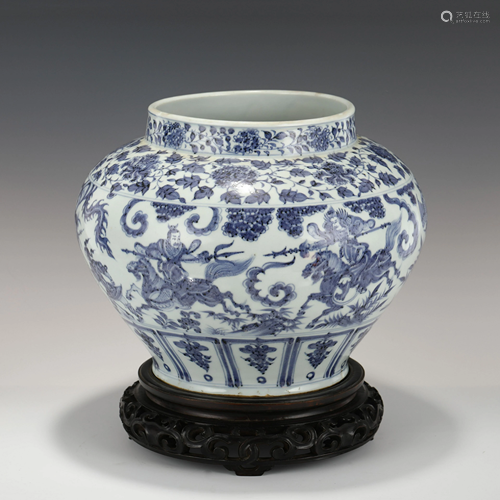 YUAN BLUE & WHITE BATTLE SCENE JAR ON STAND