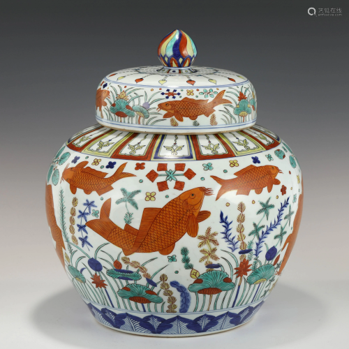 MING JIAJING WUCAI CARP & WATER FOLIATE LIDDED JAR