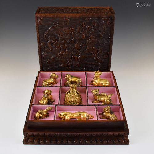 SET OF ANIMALS EFFIGIES GILT BRONZE PAPER WEIGHTS IN