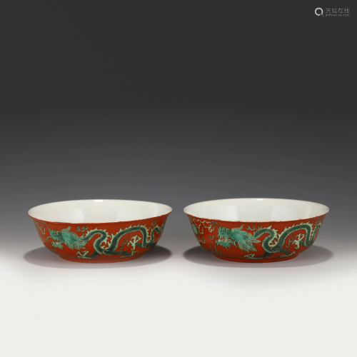 PAIR QING GREEN DRAGON ON RED GLAZED BOWLS