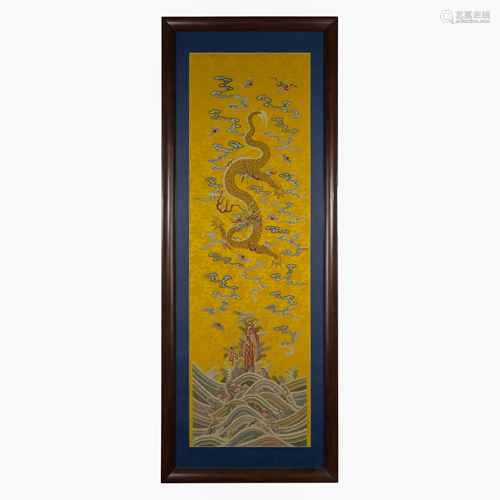 19TH C FRAMED QING BLUE DRAGON SILK KESI