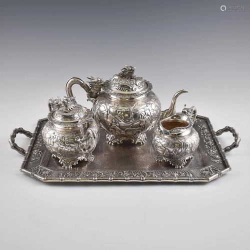 19TH C WANG HING CHINESE EXPORT SILVER TEA SETS &…