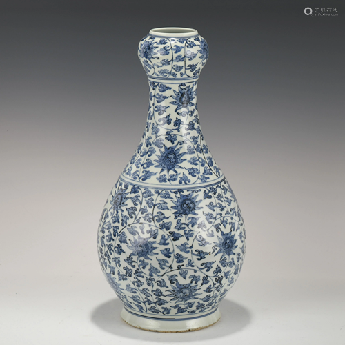 MING BLUE & WHITE WRAPPED FLORAL GARLIC VASE